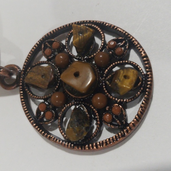 Tan color Cord Filigree Brown Circle Design Pendant Necklace, Women's Jewelry #2 - Picture 5 of 8